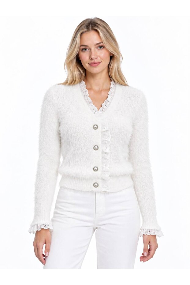 Sakal Knitwear Lace Detailed Pearl Buttoned Cardigan