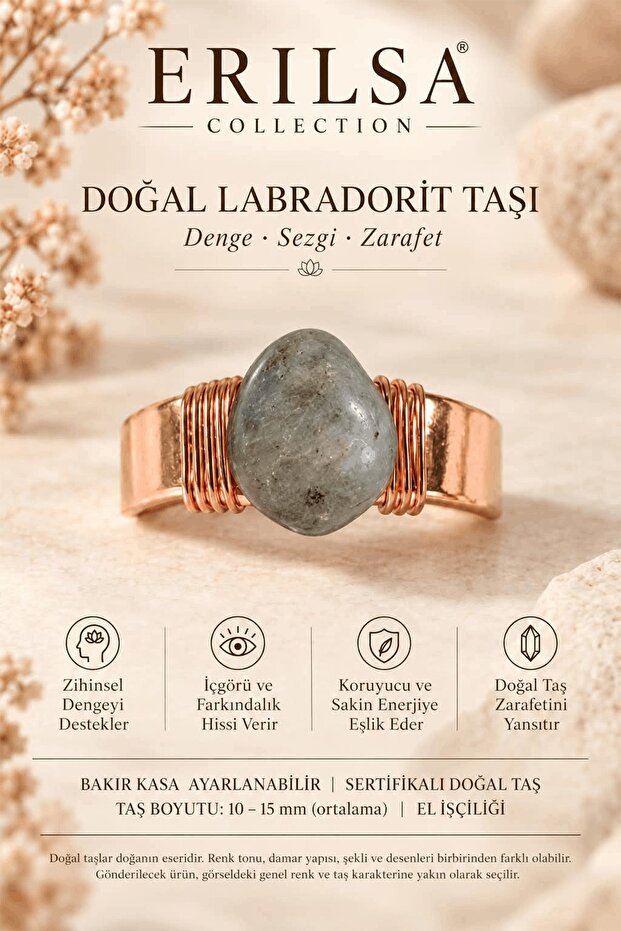 Certified Natural Labradorite Stone Ring Copper Case Adjustable Handcrafted