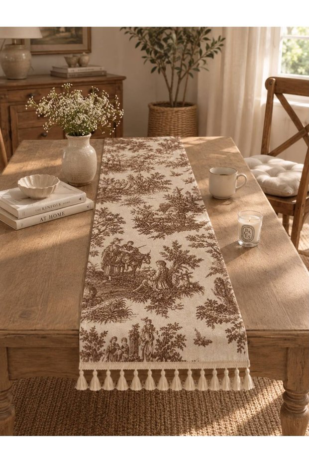 Brown French Country Patterned Duck Fabric Runner with Tassel End Vintage Country Decorative Tablecloth