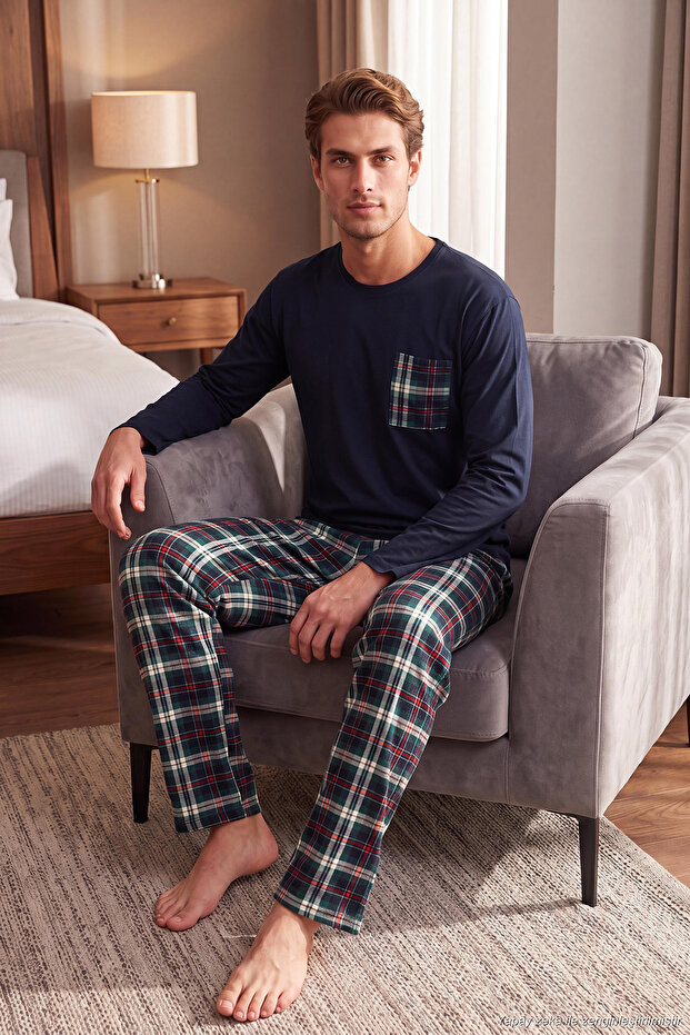 Plaid Pocketed Elastic-Waist 100% Cotton Regular Fit Pajama Set Men’s Pajama Set 657200