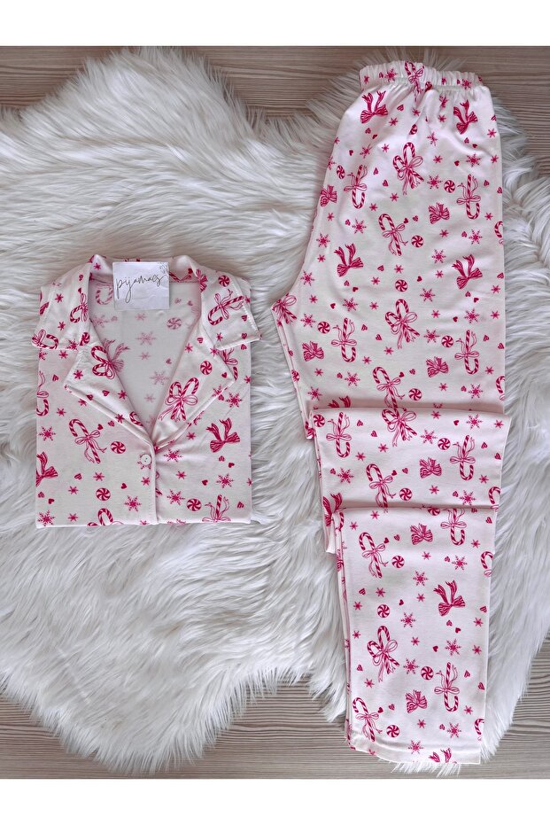 Candy Cane Patterned Suede Shirt Collar Long Sleeve Pajama Set