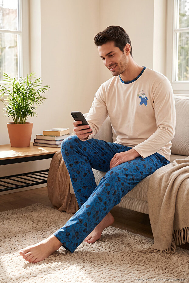 Printed Cotton Crew Neck Long Sleeve Pajama Set Men's Pajama Set 6575004