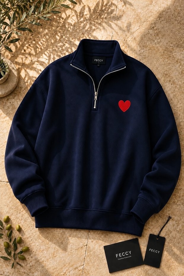 Premium Unisex Navy Blue Color Heart Printed Stand Collar Sweatshirt with Half Zipper Detail