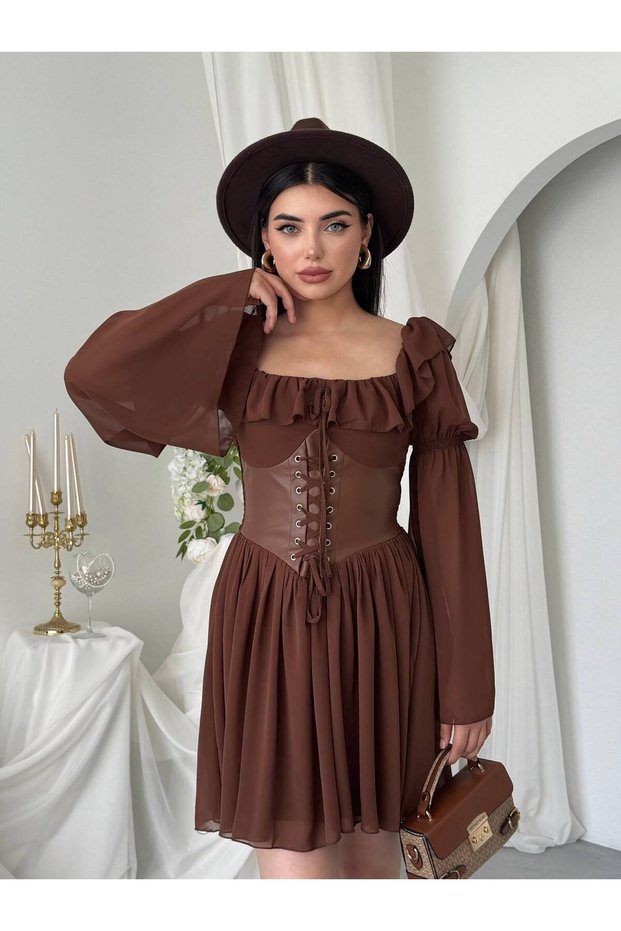 Women's Corset Detailed Mini Dress Ruffled Collar Balloon Sleeve Stylish Casual and Event Dress