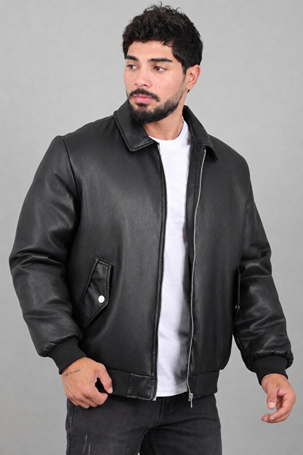 Faux Leather Coat with Pocket Detail and Fur Inside Kmd 897_50533