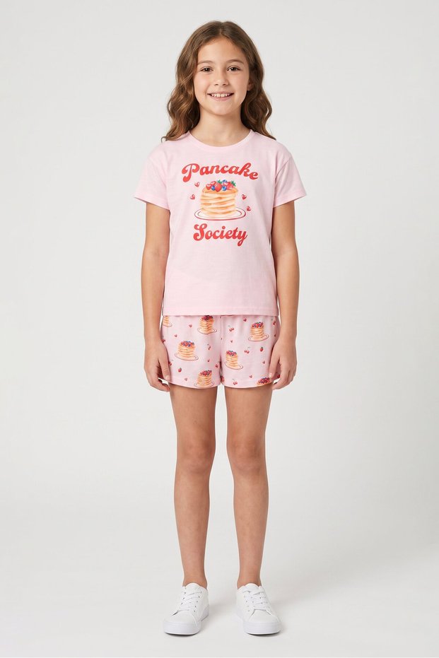 Kids Girl 2 Pcs Graphic Print Top And Short, Pink