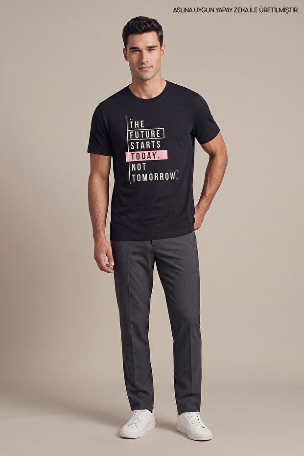 Men's the Future Text Printed Flexible Black T-Shirt