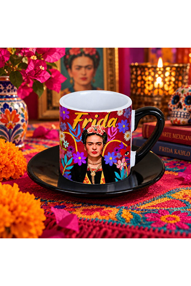 Frida Kahlo Colorful Floral Patterned Set of 2 Turkish Coffee Cups