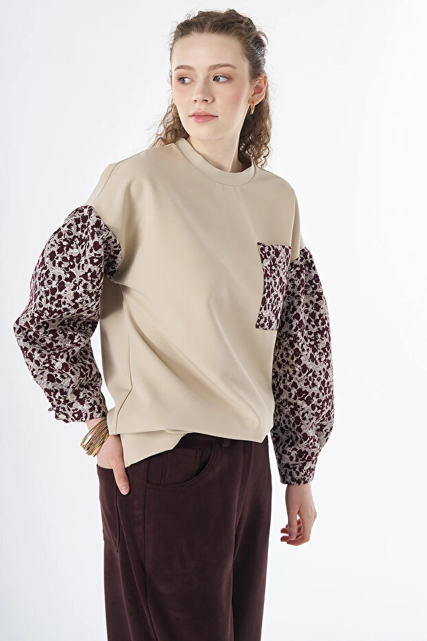 Fabric Garnished Sweatshirt Stone