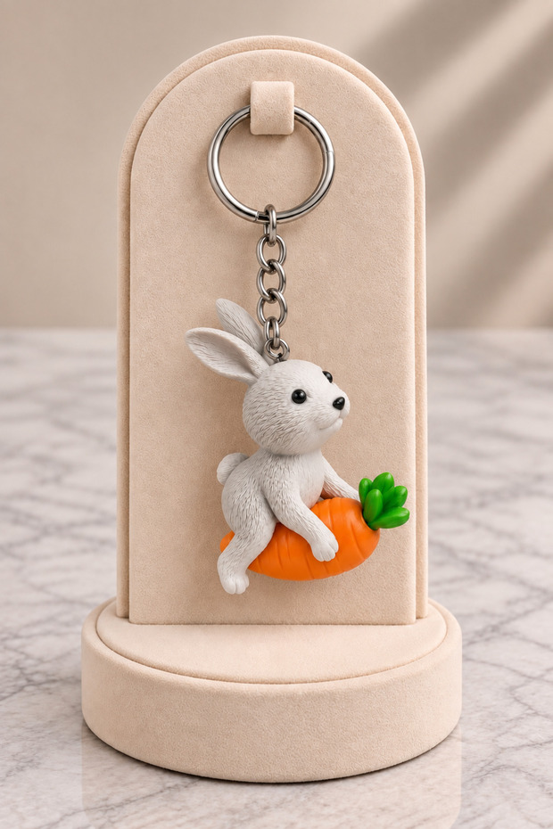 Keychain and Charm Decorative with Gray Rabbit and Carrot Figures