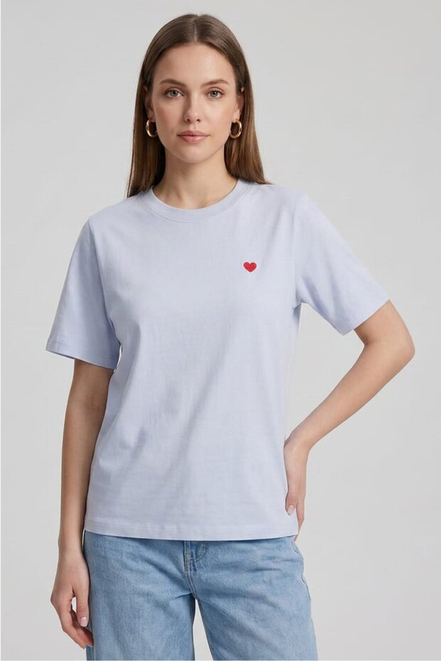Women Round Neck Short Sleeve Embroidered T-Shirt, Light Blue
