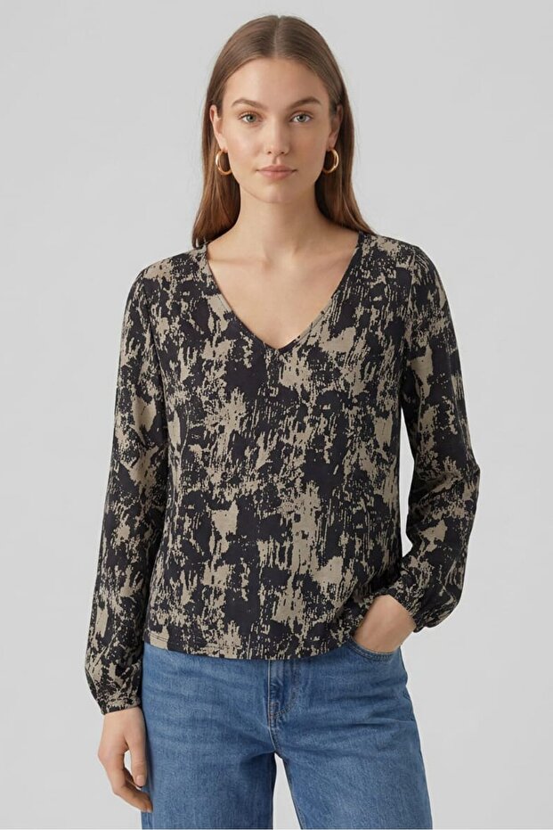 Women V-Neck Long Sleeve Allover Print Blouse, Multicolor