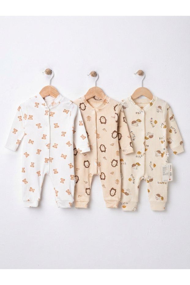 3-Piece Baby Romper Set, Teddy Bear, Penguin, Turtle Patterned Cotton Snap-On Newborn Romper
