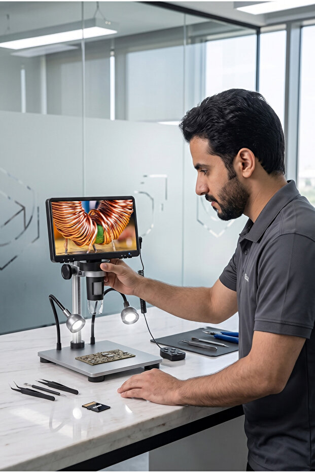 مجهر رقمي 7 بوصة أسود مع شاشة LCD وبطاقة ذاكرة 32 جيجابايت وأضواء LED وجهاز تحكم عن بعد