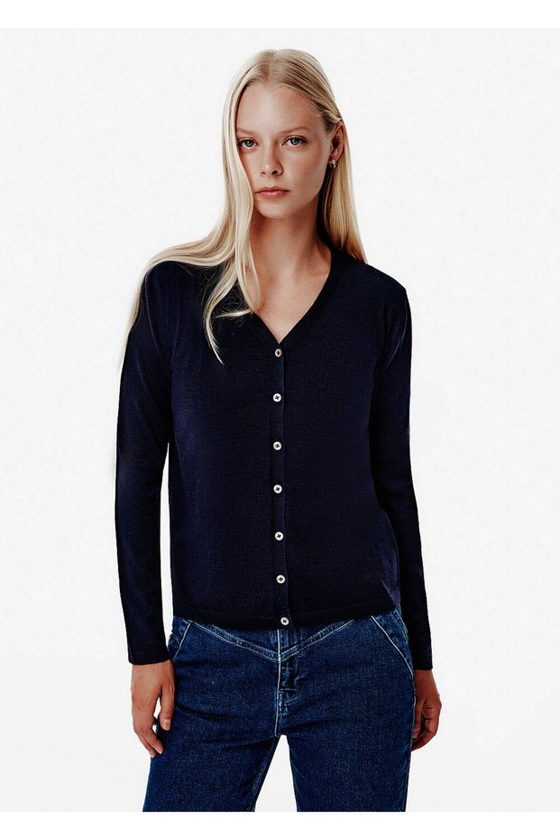 Fine Knit Mine Button Navy Blue Knitwear Cardigan