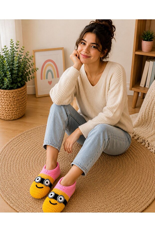 Hand Knitted Home Slippers with Petite Figures - Pink Yellow Warm Slippers Socks