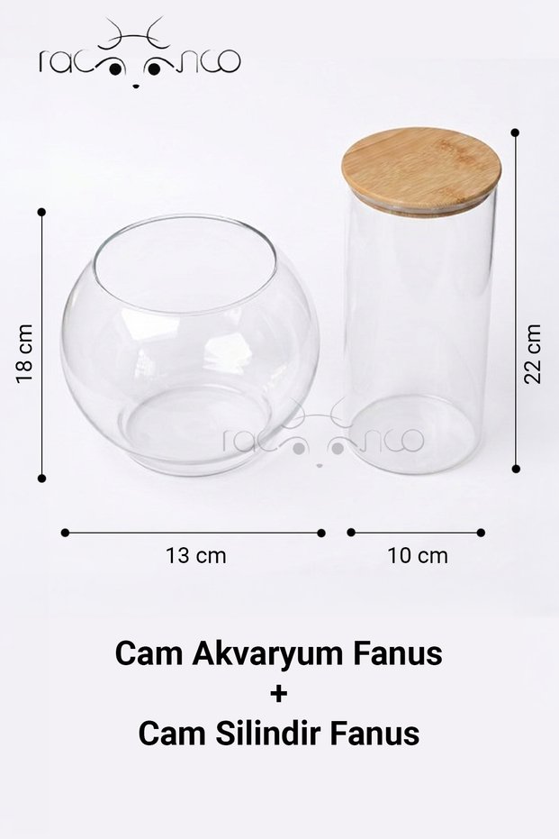 Set of Two Terrarium Glass Aquarium Desktop Jars and Glass Cylinder Jars with Bamboo Lids