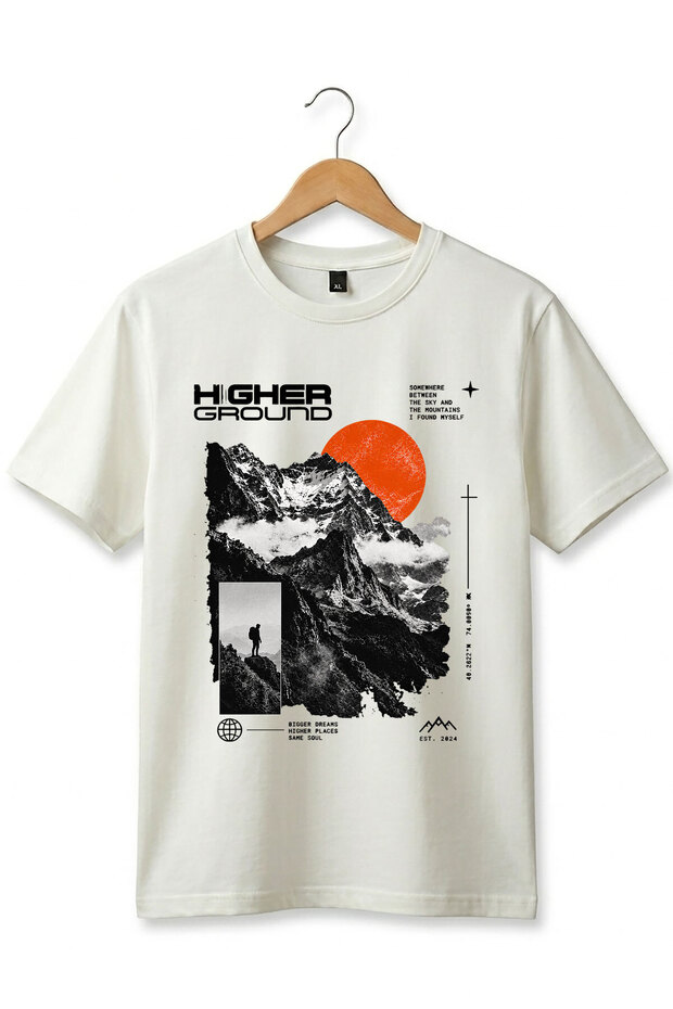 Unisex Outdoor Higher Ground Mountain Printed 100% Cotton Street Style Crew Neck Basic T-Shirt
