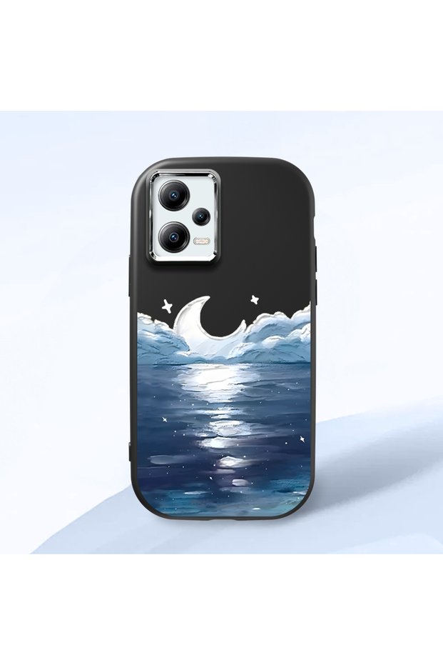 Poco X5 Compatible Shock-Absorbing Camera Protected Black Silicone Case Moon Rising from the Sea
