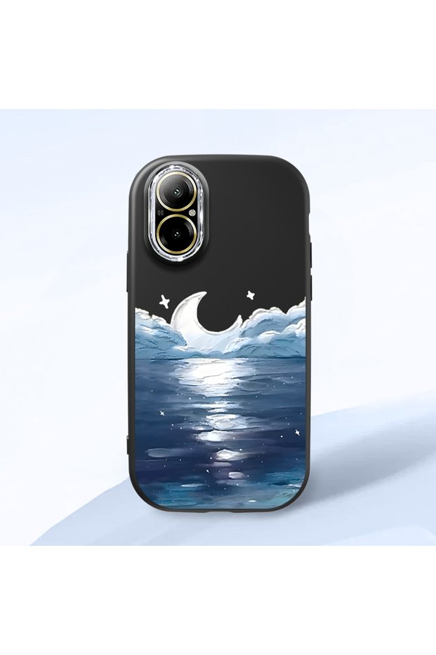 Realme C67 4g Compatible Shock-Absorbing Camera Protected Black Silicone Case Moon Rising from the Sea