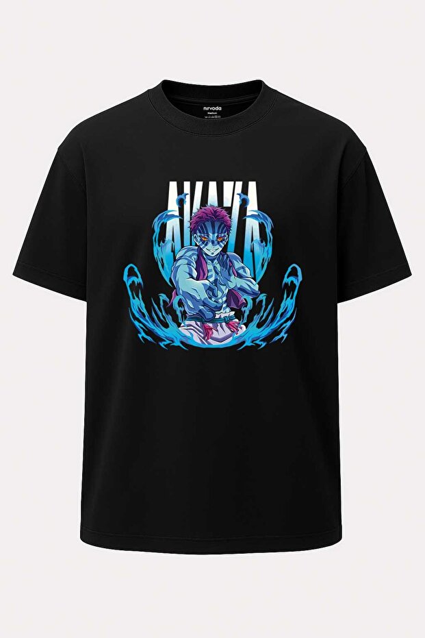 Oversize Akaza Blue Flame Demon Slayer Printed T-Shirt