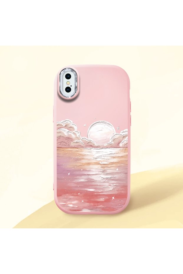 iPhone X/Xs Compatible Shock-Absorbing Camera Protected Pink Silicone Case Sunrise at Sea