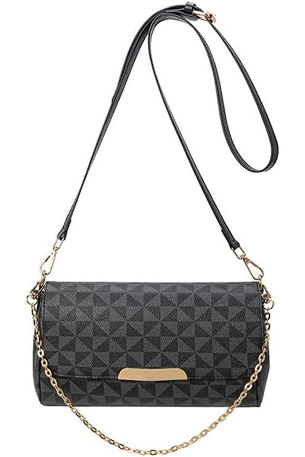 Women's Crossbody Bag, Black, Geometric Pattern, Chain Strap, Flap Closure, Shoulder Handbag(Black)