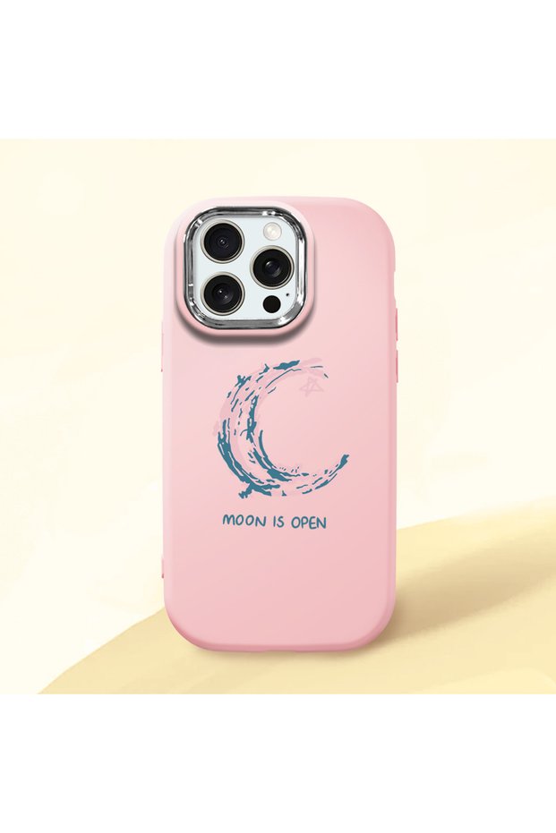 iPhone 15 Pro Max Compatible Shock-Absorbing Camera Protected Pink Silicone Case Moon and Star Pattern