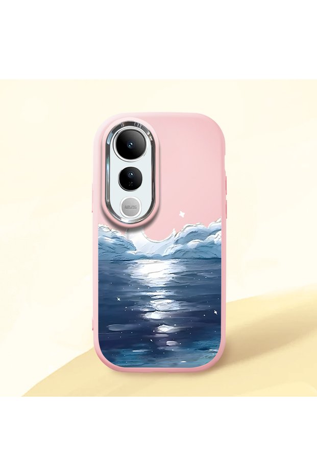 Pink Silicone Case Compatible with Vivo V50 Lite 4G/5G Anti-Knock Camera Protection the Moon Rising from the Sea