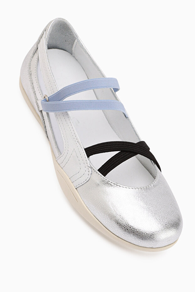 Mary Genuine Leather Women's Ballerinas with Silver Cross Elastic Band