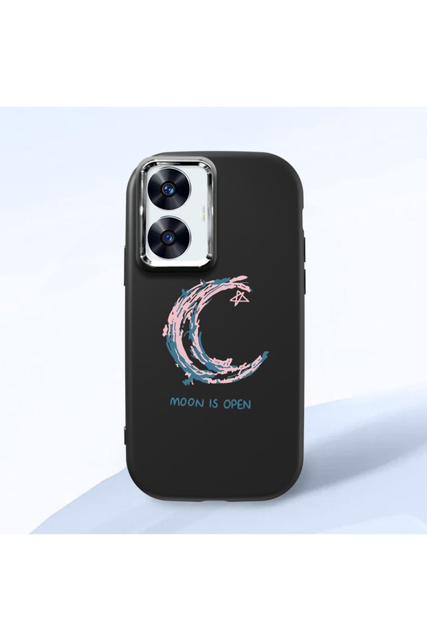 Realme C55 Compatible Shock-Absorbing Camera Protected Black Silicone Case Moon and Star Pattern