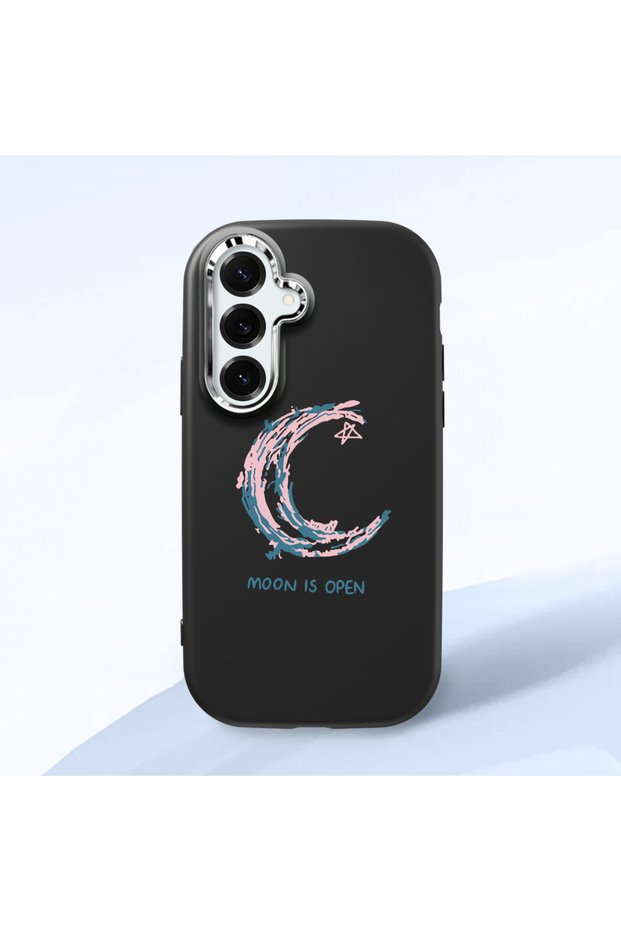 Samsung Galaxy S25 Plus Compatible Shock-Absorbing Camera Protected Black Silicone Case Moon and Star Pattern