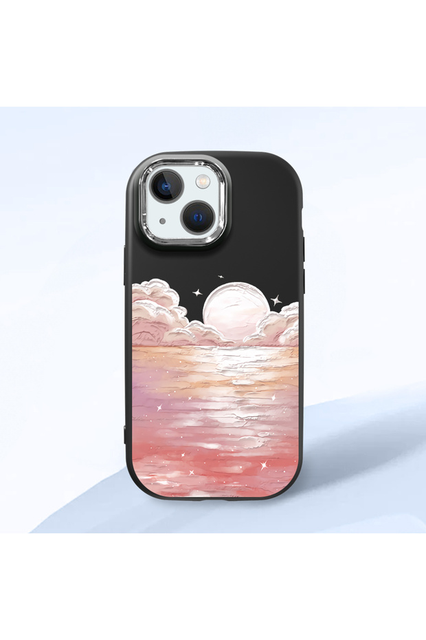 iPhone 13 Mini Compatible Shock-Absorbing Black Silicone Case with Camera Protection Sunrise at Sea