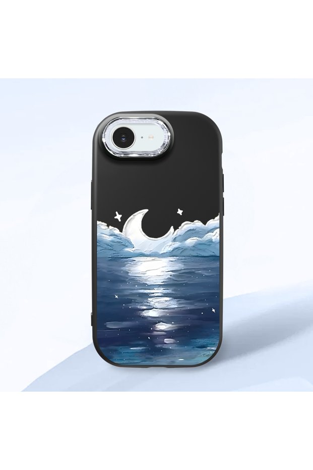 iPhone 16E Compatible Shock-Absorbing Camera Protected Black Silicone Case Moon Rising from the Sea