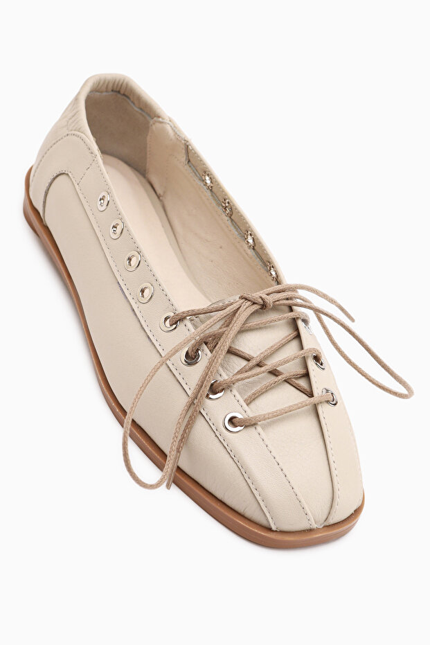 Romy Genuine Leather Beige Lace-Up Women's Ballerinas