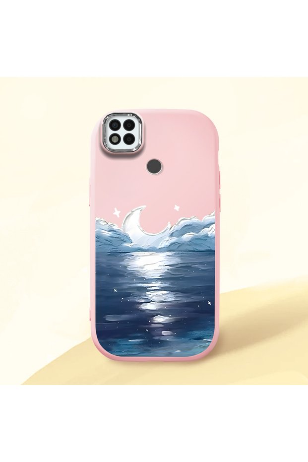 Poco C31 Compatible Shock-Absorbing Camera Protected Pink Silicone Case the Moon Rising from the Sea