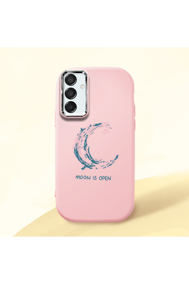 Samsung Galaxy M15 Compatible Shock-Absorbent Camera Protected Pink Silicone Case Moon and Star Pattern