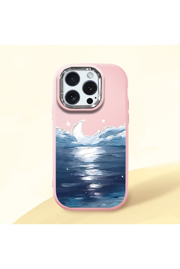 iPhone 15 Pro Compatible Shock-Absorbing Camera Protected Pink Silicone Case Moon Rising from the Sea