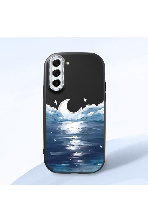 Samsung Galaxy S21 Fe Compatible Shock-Absorbing Black Silicone Case with Camera Protection the Moon Rising from the Sea