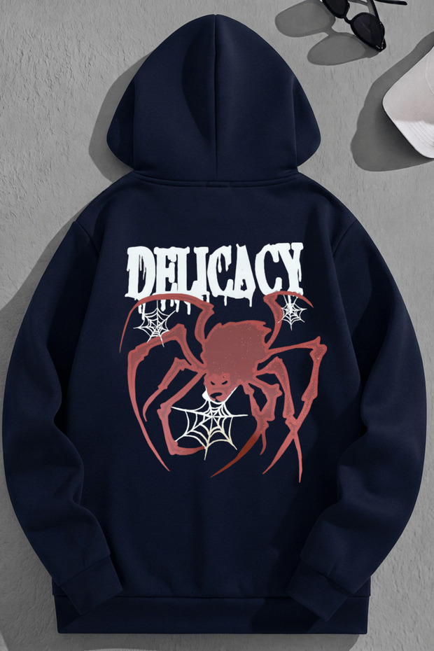 Unisex 3 Thread Cotton Navy Blue Delicacy Print Loose Fit Sweatshirt Hoodie