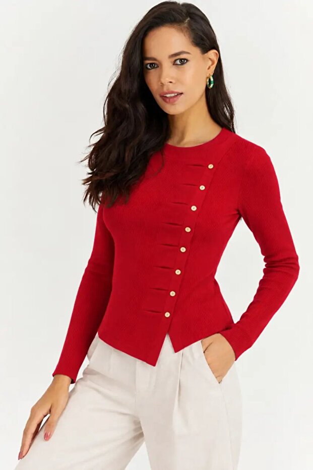 Women's Red Asymmetrical Button Detailed Ribbed Knitwear Blouse