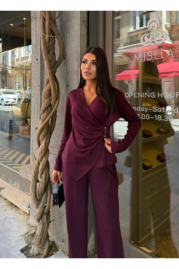 Women's Pearl Buckle Detailed Double-Breasted Collar Top and Bottom Set