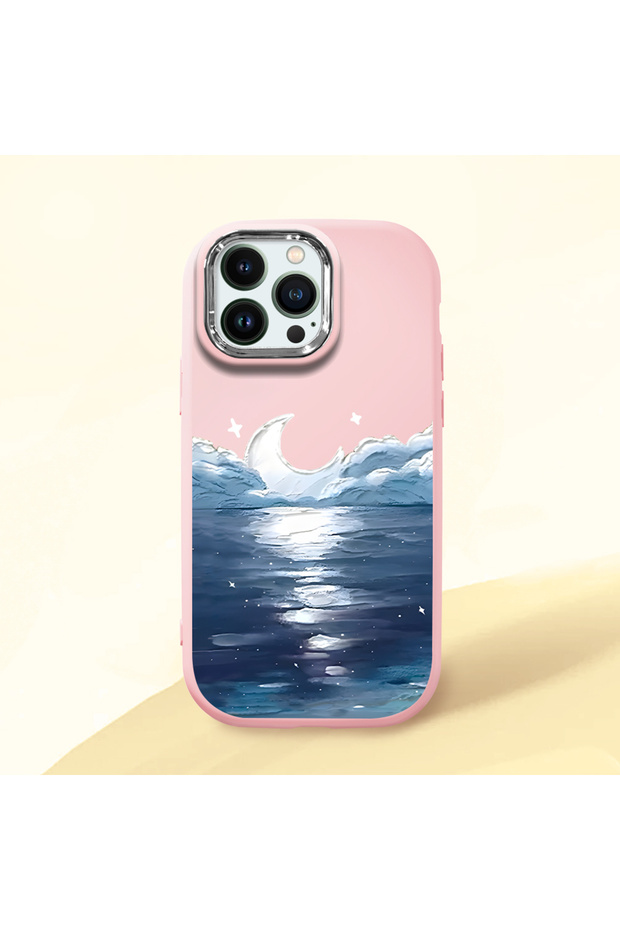 iPhone 13 Pro Compatible Shock-Absorbing Camera Protected Pink Silicone Case the Moon Rising from the Sea