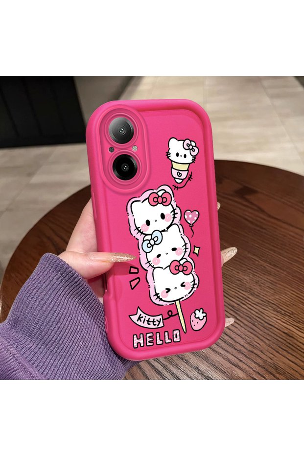 For Realme C67 4g Compatible Pink Red Silicone Strawberry Kitty Pattern Case Shockproof Camera Protection