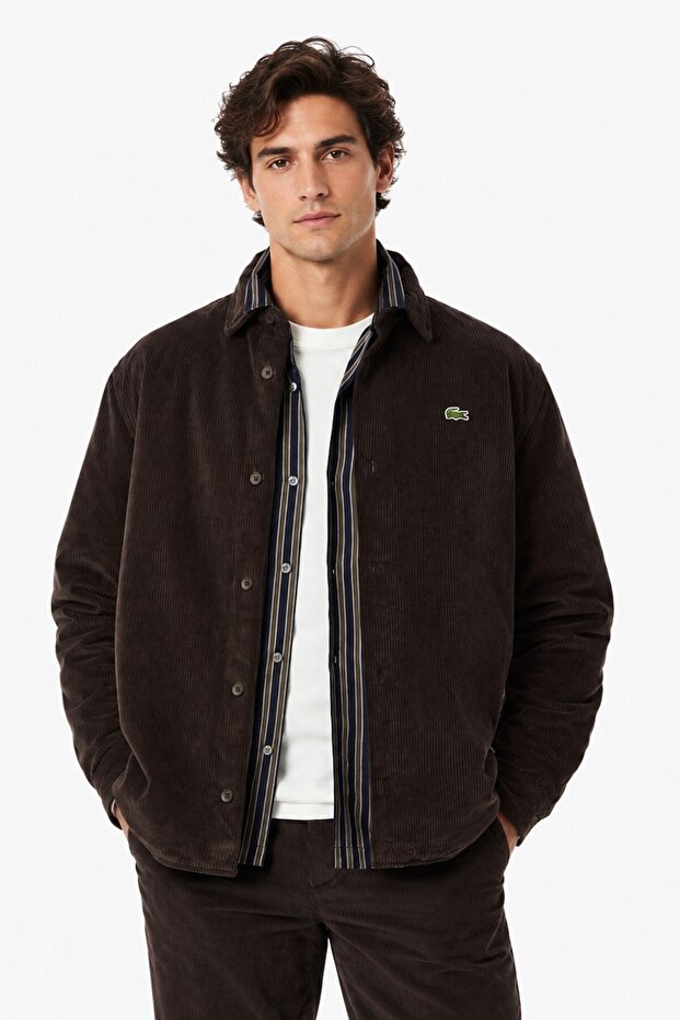 Men's Relaxed Fit Button-Down Linen Shirt Comfortable Cut Velvet Men's Outer Shirt Brown