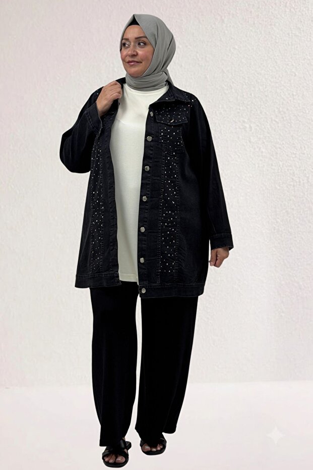 53021 Plus Size Denim Jacket with Stone Print Detail on the Front - Black