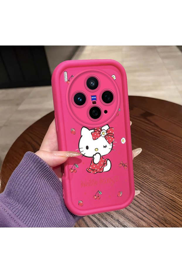 Vivo X300 Compatible Pink Red Silicone Cherry Kitty Pattern Case Shockproof Camera Protection