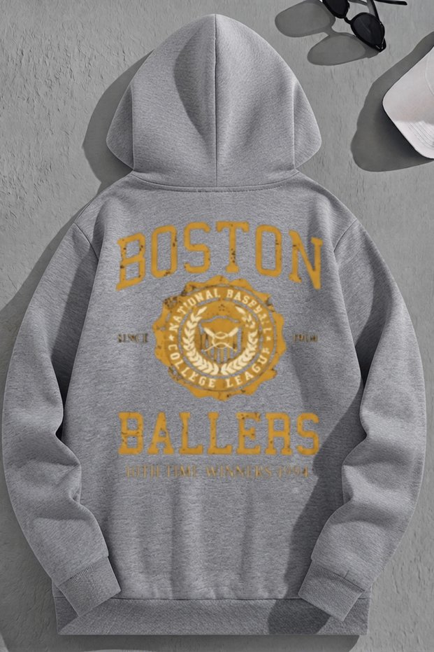 Unisex 3 Thread Cotton Gray Bostonballers Print Loose Fit Sweatshirt Hoodie