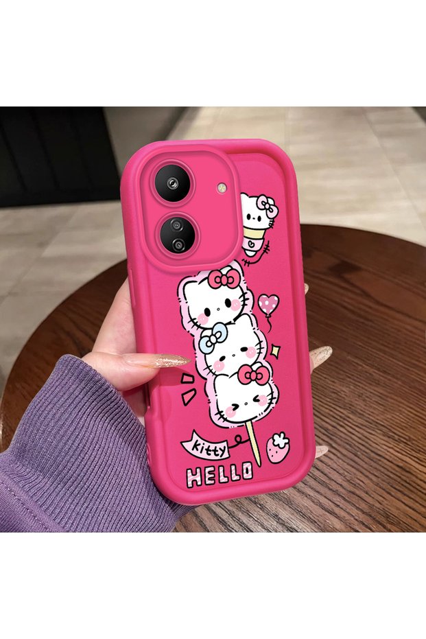 Poco C65 Compatible Pink Red Silicone Strawberry Kitty Pattern Case Shockproof Camera Protection