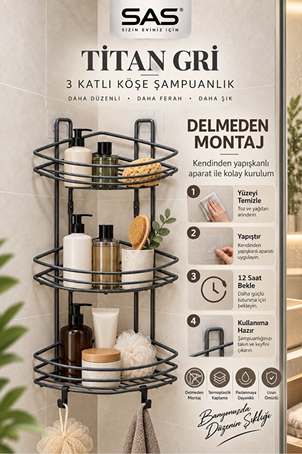 Sas Titan Gray 3-Tier Corner Shampoo Holder Adhesive Bathroom Shelf Without Drilling Thermoplastic Coating